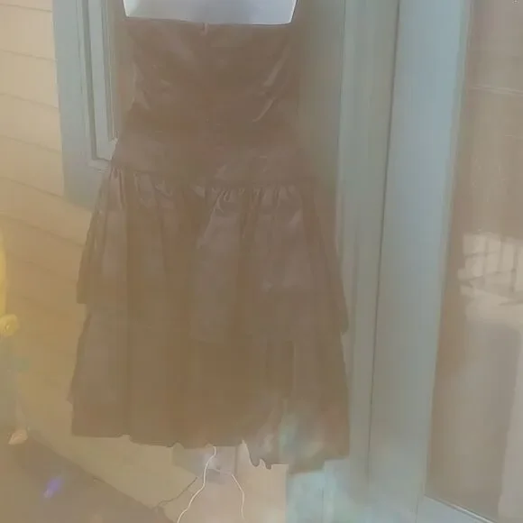 VTG 80s Black Satin Strapless Flouncy Prom Dress - Picture 2 of 7